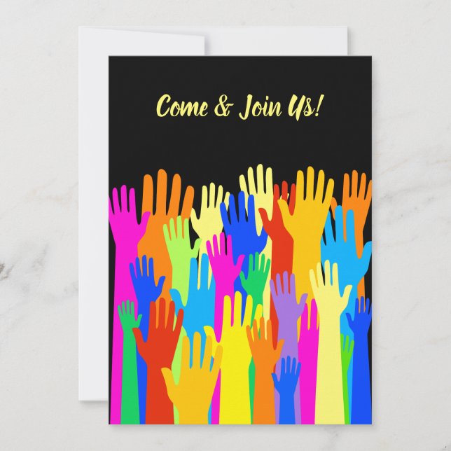 Farbenfrohe Diverse Group Community of Raised Hand Einladung (Vorderseite)