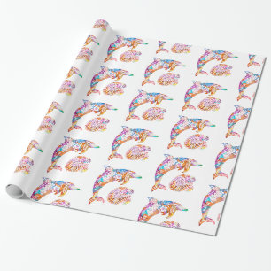 Farbenfrohe Dolphin- und Wave-Print Geschenkpapier