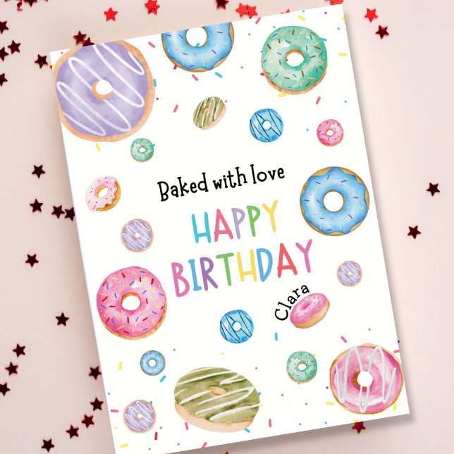 Farbenfrohe Donut Watercolor Happy Birthday Karte (Von Creator hochgeladen)