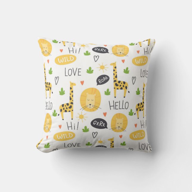 Farbenfrohe Doodle Giraffen und Worte Kissen (Vorderseite)