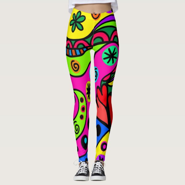 Farbenfrohe Doodle Print Leggings (Vorderseite)