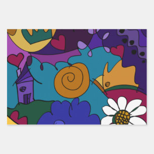 Farbenfrohe Doodle Sketches Bright Digital Gezeich Geschenkpapier Set