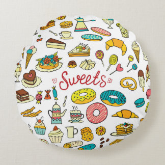 Farbenfrohe Doodle-Süßigkeiten: Desserdesign Rundes Kissen