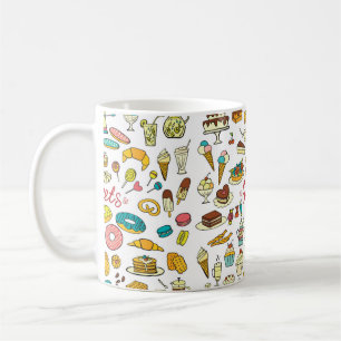 Farbenfrohe Doodle Süßigkeiten Essen auf Weiß.  Kaffeetasse