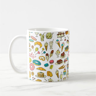 Farbenfrohe Doodle Süßigkeiten Essen auf Weiß. Vin Kaffeetasse