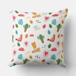 Farbenfrohe Doodle-Tiere und Wortmuster Kissen