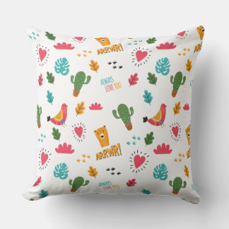 Farbenfrohe Doodle-Tiere und Wortmuster Kissen