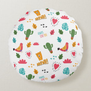 Farbenfrohe Doodle-Tiere und Wortmuster Rundes Kissen