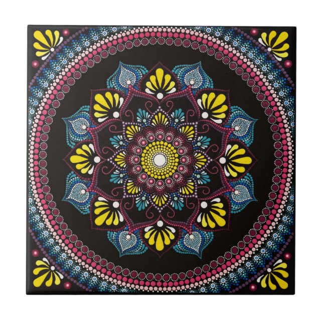 Farbenfrohe Dot Art Mandala | Sacred Geometry Boho Fliese (Vorderseite)
