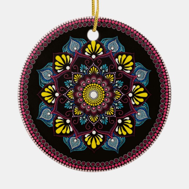 Farbenfrohe Dot Art Mandala | Sacred Geometry Boho Keramik Ornament (Vorne)