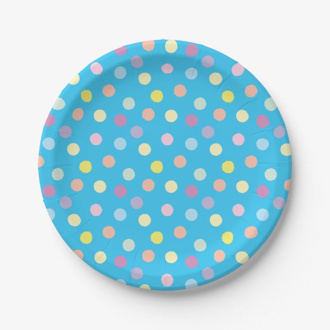 Farbenfrohe Dotty-Muster auf hellblau Pappteller (Vorderseite)