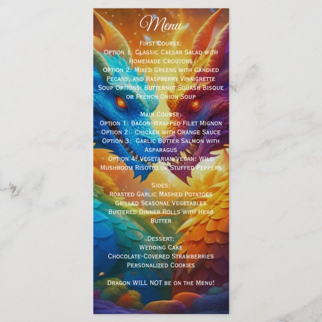Farbenfrohe Drachen in der Liebe Hochzeitsmenü Menükarte (Vorderseite)