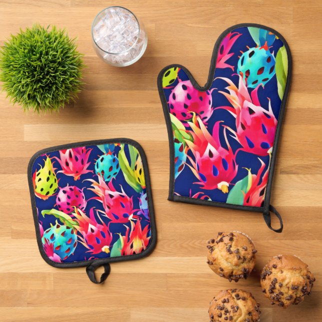 Farbenfrohe Drachenfrucht Ofenhandschuh & Topflappen-Set (Oben Unten)