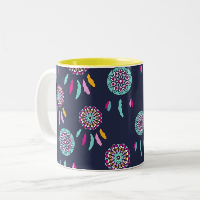 Farbenfrohe Dreamcatchers Dark Blue Zweifarbige Tasse (Vorderseite Links)