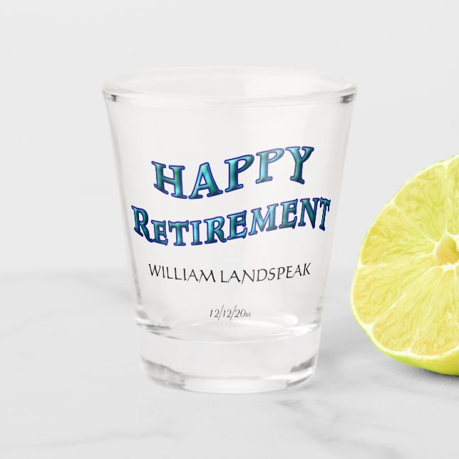 Farbenfrohe dunkelblaue Wavy Happy Retirement Word Schnapsglas (Vorderseite)