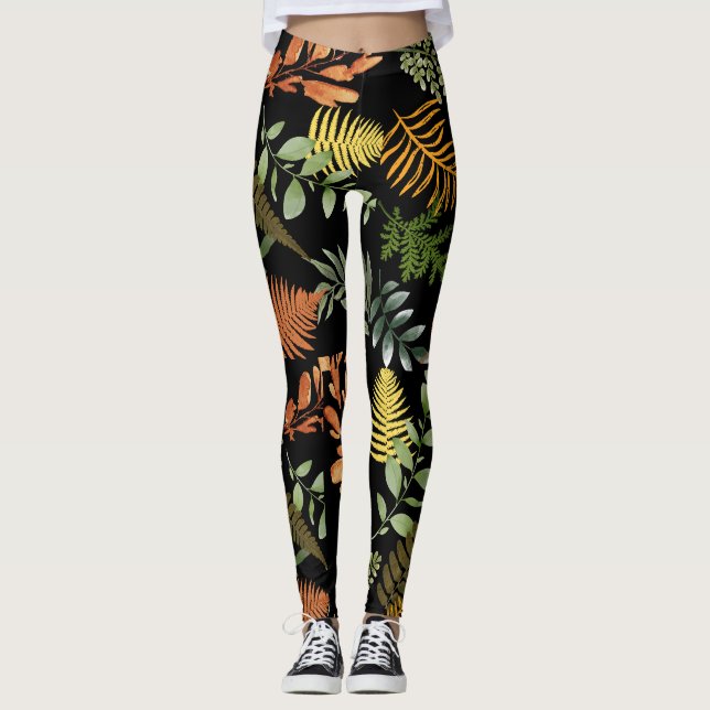 Farbenfrohe dunkle Fern Botanische Blätter Blumend Leggings (Vorderseite)
