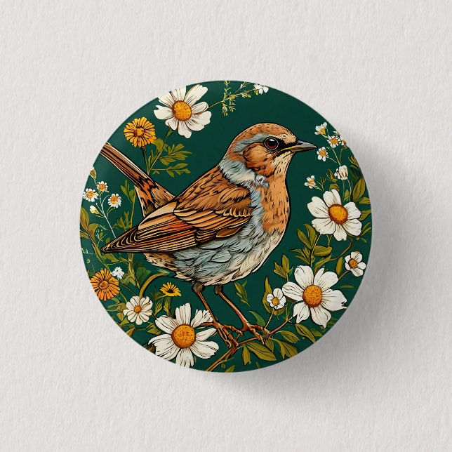 Farbenfrohe Dunnock Bird Amid blühende Blume Button (Vorderseite)