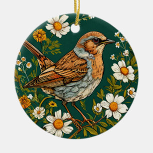 Farbenfrohe Dunnock Bird Amid blühende Blume Keramik Ornament