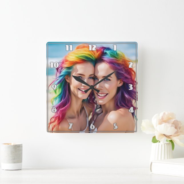 Farbenfrohe Duo mit lebhaftem Haar am Strand Quadratische Wanduhr (Zuhause)