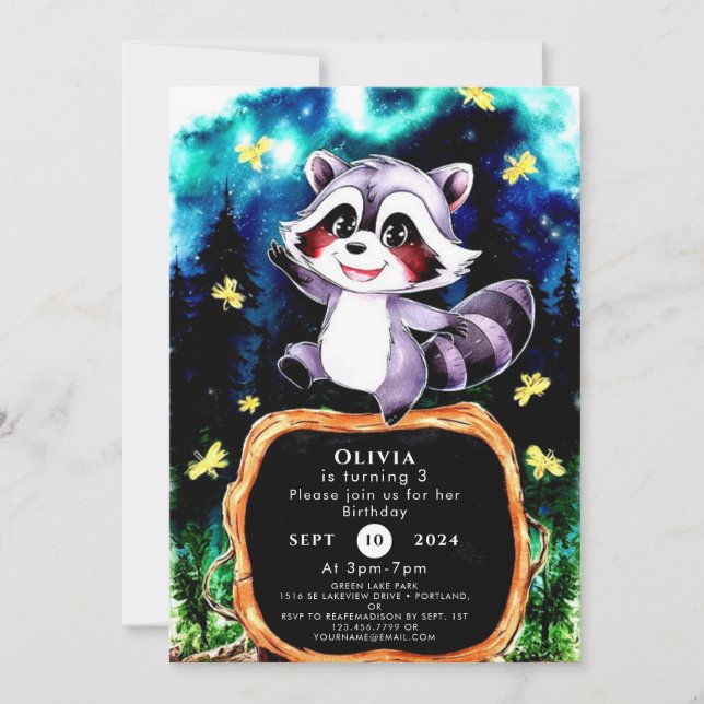 Farbenfrohe einfache Raccoon zum Geburtstag Einladung (Vorderseite)