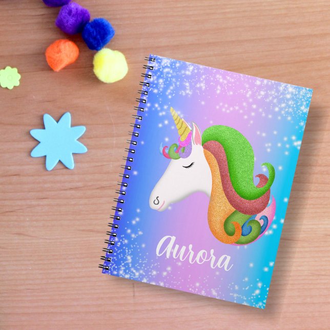 Farbenfrohe Einhorn-Glitzer personalisieren Notizblock (Sweet and colorful notebook for school or doodling. )