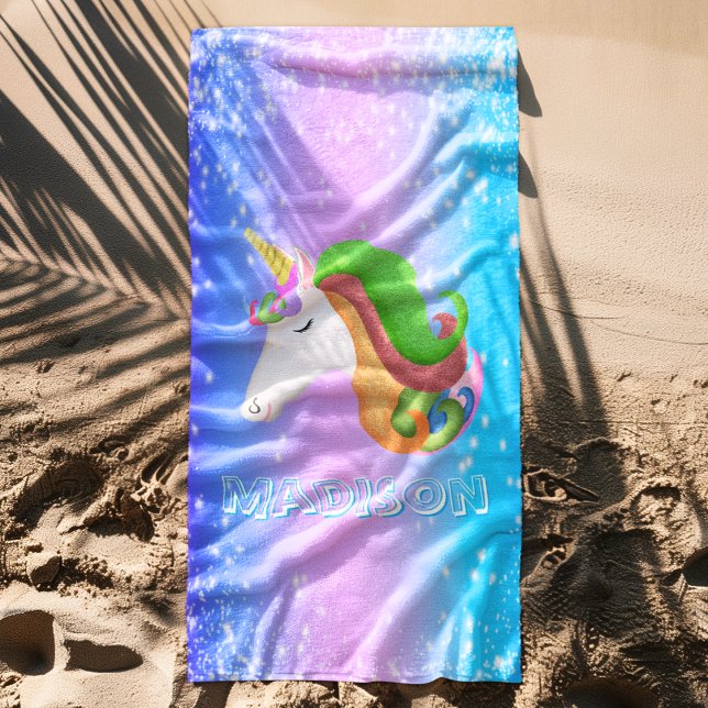 Farbenfrohe Einhorn-Glitzer personalisieren Strandtuch (Von Creator hochgeladen)