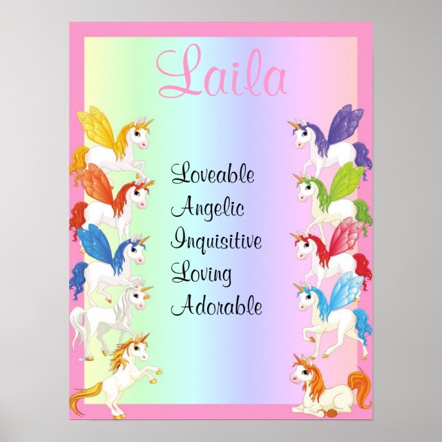 Farbenfrohe Einhorn jeden Namen Art Print Poster (Vorne)