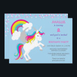 Farbenfrohe Einhorn-Kindergeburtstag-Party Einladu Einladung<br><div class="desc">Ein niedliches, weißes Einhorn mit rosa, blau und gelb gestreiften Mähne und Schwanz steht spielerisch auf der Vorderseite dieser lustigen Geburtstagsfeier. Hinter dem Einhorn befindet sich ein passender Regenbogen zwischen zwei weißen Wolken. Ihr benutzerdefinierter Text ist rechts neben den Bildern in Rosa und Dunkelblau. Alles ist auf einem pastellblauen Hintergrund...</div>