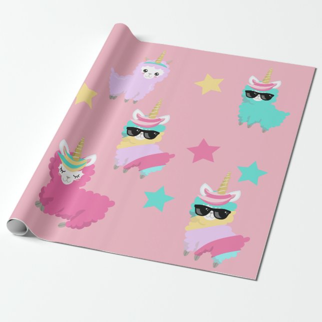 Farbenfrohe Einhorn Llama Llamacorn Niedlich Geschenkpapier (Ungerollt)