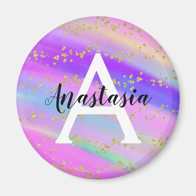 Farbenfrohe Einhorn-Regenbogen-Gold-Glitzer-Monogr Magnet (Vorne)