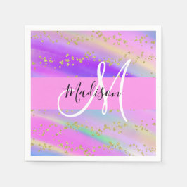 Farbenfrohe Einhorn-Regenbogen-Gold-Glitzer-Monogr Serviette