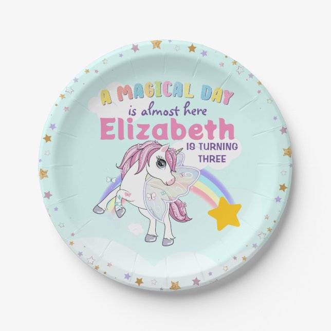 Farbenfrohe Einhorn Regenbogen Niedlich Magenrosa Pappteller (Vorderseite)