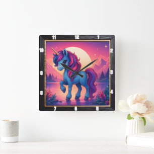 Farbenfrohe Einhorn Sunset Fantasy Quadratische Wanduhr
