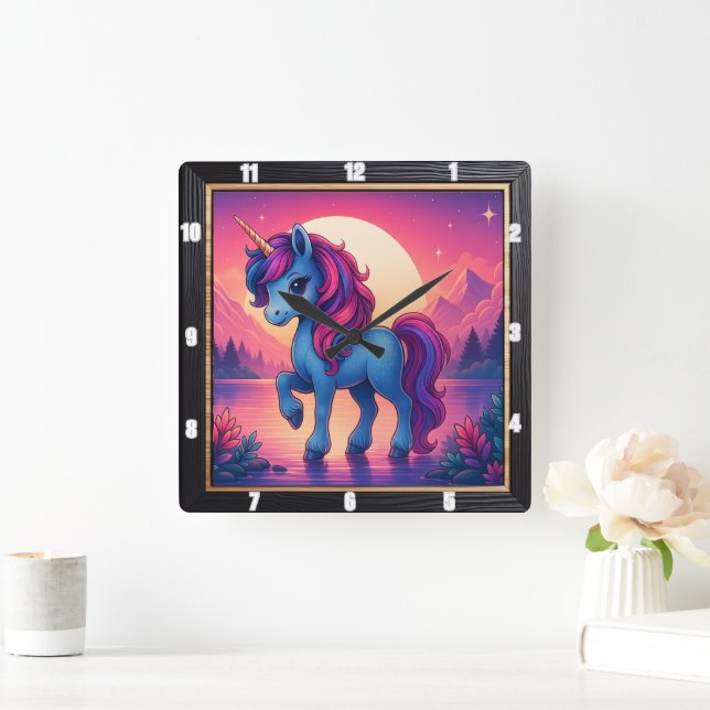 Farbenfrohe Einhorn Sunset Fantasy Quadratische Wanduhr (Zuhause)