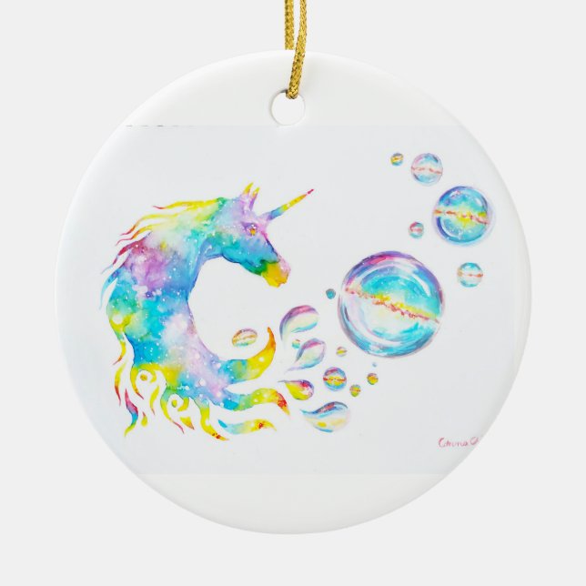 Farbenfrohe Einhorn und Kugeln Keramik Ornament (Vorne)