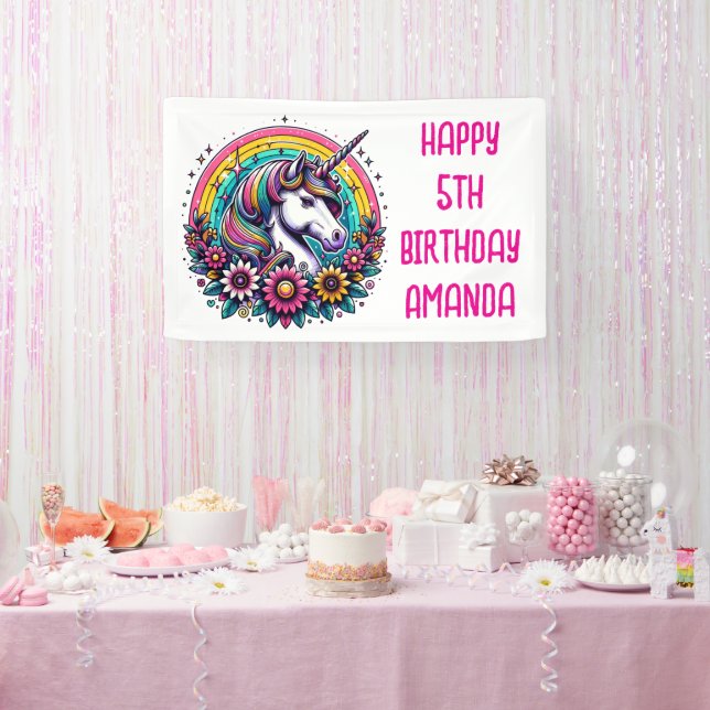 Farbenfrohe Einhorn und Regenbogen Personalisiert  Banner (Party)