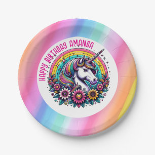 Farbenfrohe Einhorn und Regenbogen Personalisiert  Pappteller