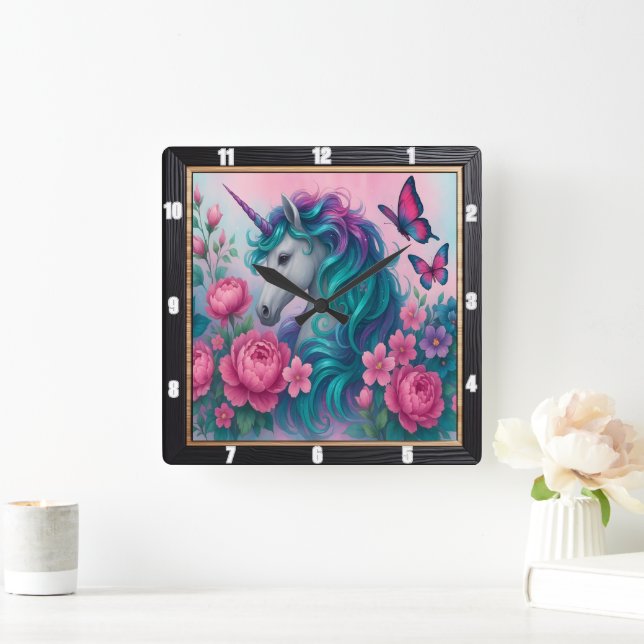 Farbenfrohe Einhornblume Quadratische Wanduhr (Zuhause)