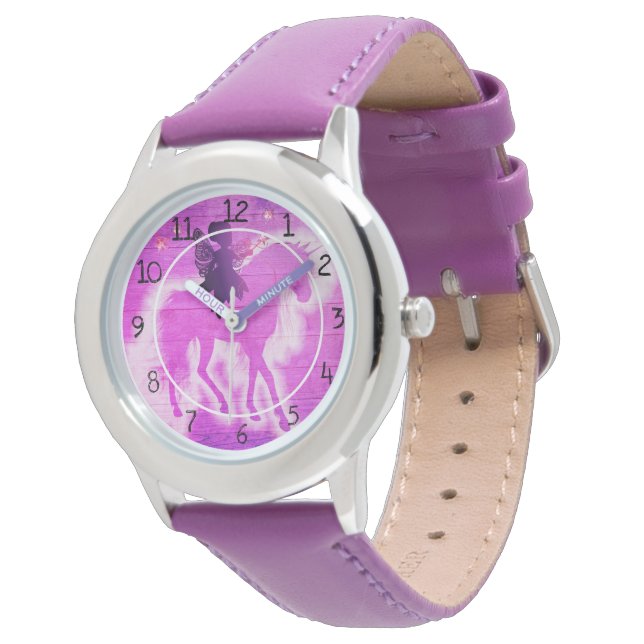 Farbenfrohe Einhornröte und Lila Armbanduhr (Schrägansicht)