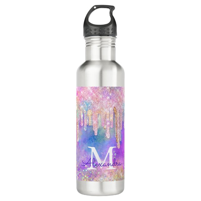 Farbenfrohe Einhorntropfmonogramm für Glitzer Edelstahlflasche (Vorderseite)