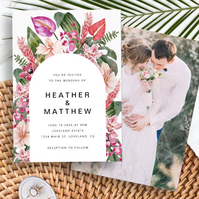 Farbenfrohe Einladung zum Tropischen Foto (Colorful Tropical Floral Photo Wedding Invitation by Painted Paperie
)