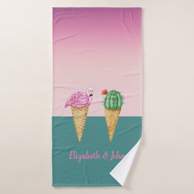 Farbenfrohe Eiscreme Cones Cactus Pink Flamingos Badehandtuch (Badehandtuch)