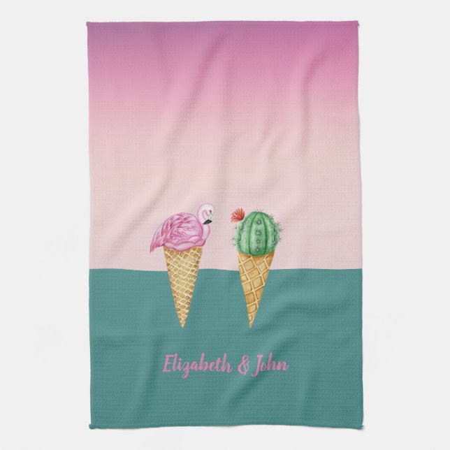 Farbenfrohe Eiscreme Cones Cactus Pink Flamingos Geschirrtuch (Vertikal)