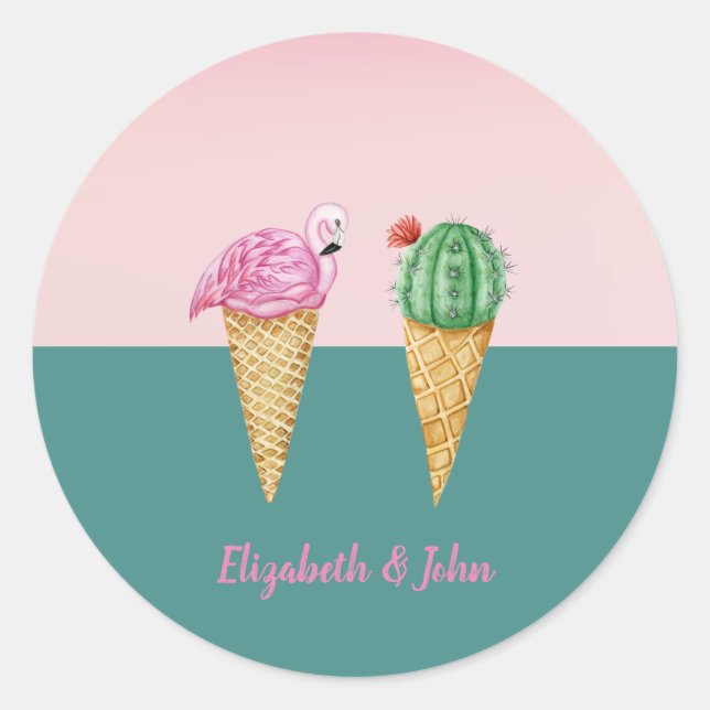 Farbenfrohe Eiscreme Cones Cactus Pink Flamingos Runder Aufkleber (Vorderseite)