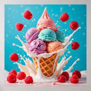 Farbenfrohe Eiscreme-Kone mit Splash Milk Poster