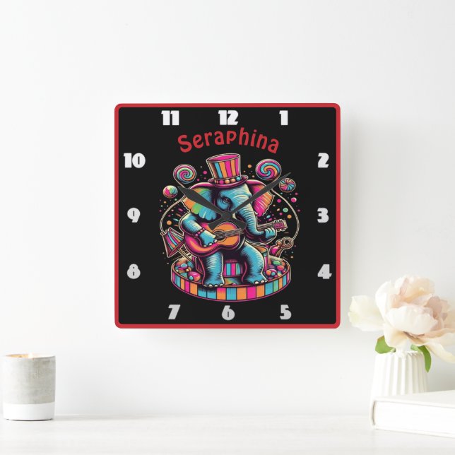 Farbenfrohe Elefanten, die Gitarre im Zirkus schla Quadratische Wanduhr (Zuhause)