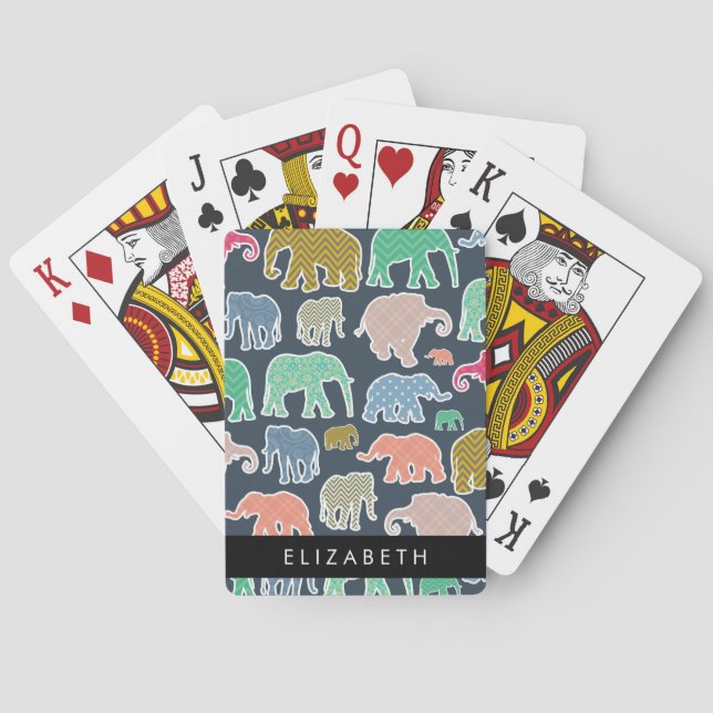 Farbenfrohe Elefanten, Elefantenmuster, Ihr Name Spielkarten (Rückseite)