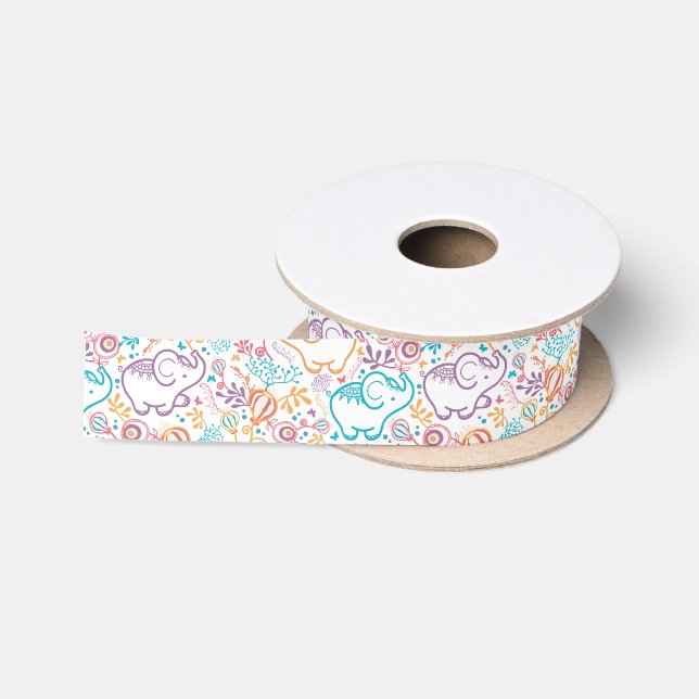 Farbenfrohe Elefanten und Blume Satinband (Spule)