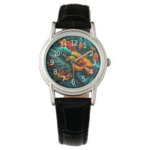 Farbenfrohe Elegante Tropische Blätter und Blume Armbanduhr