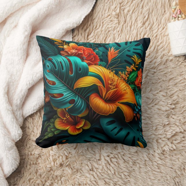 Farbenfrohe Elegante Tropische Blätter und Blume | Kissen (Decke)